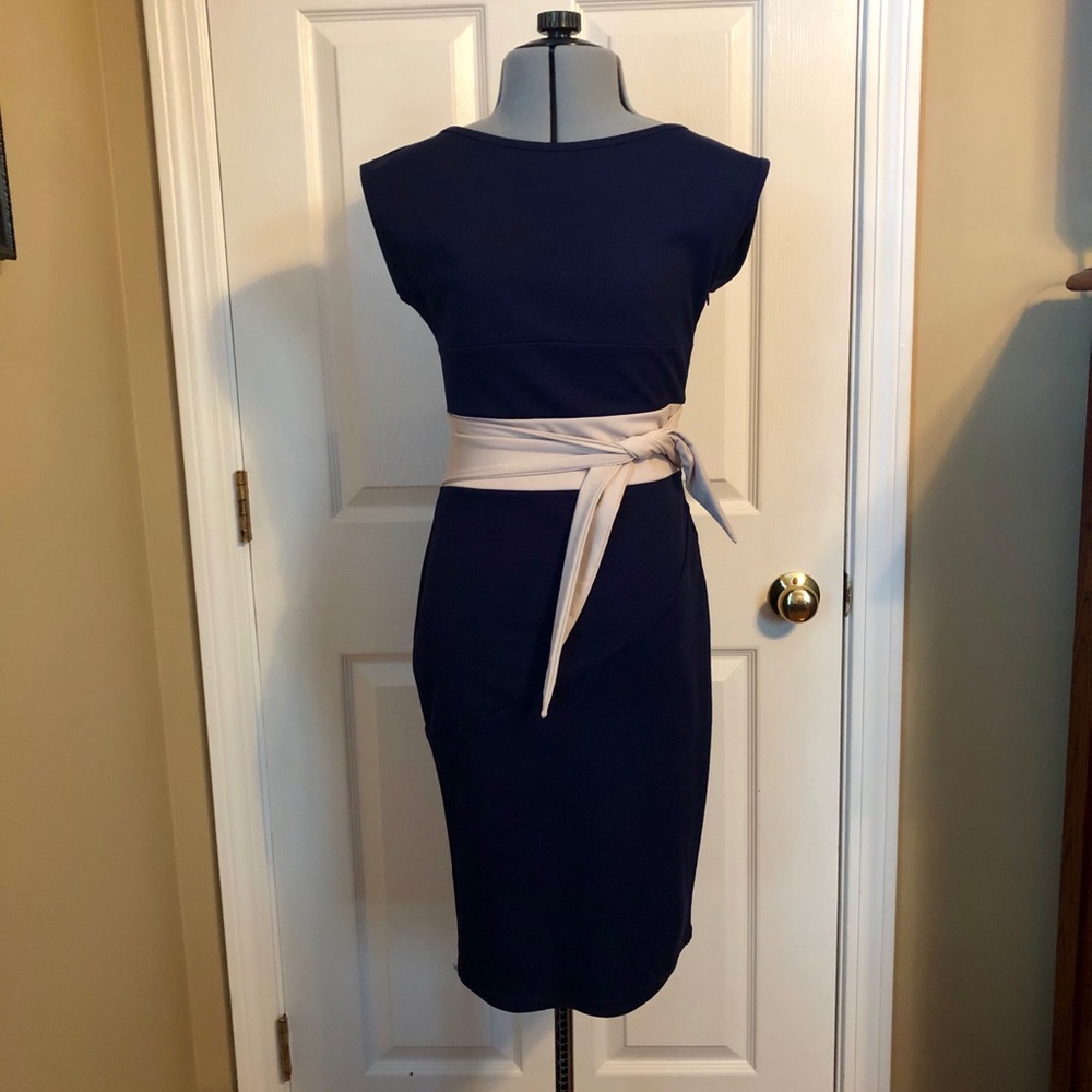 Navy & Cream Fitted Dress, Size XS